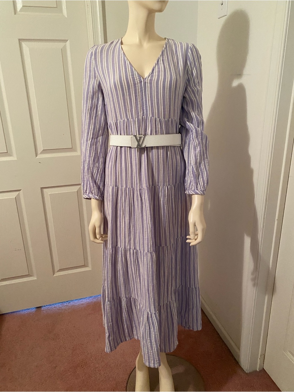 Universal Thread Lavender and White Striped V-Neck Tiered Maxi Dress